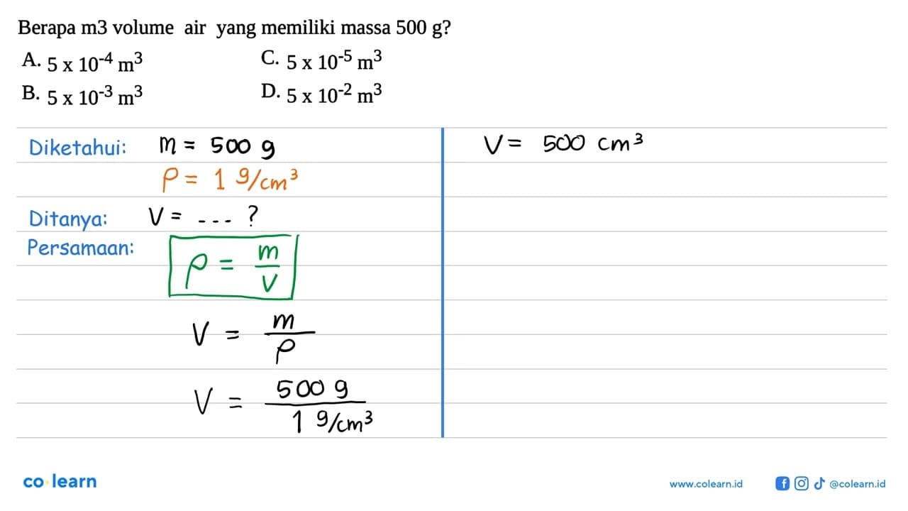 Berapa m3 volume air yang memiliki massa 500 g?