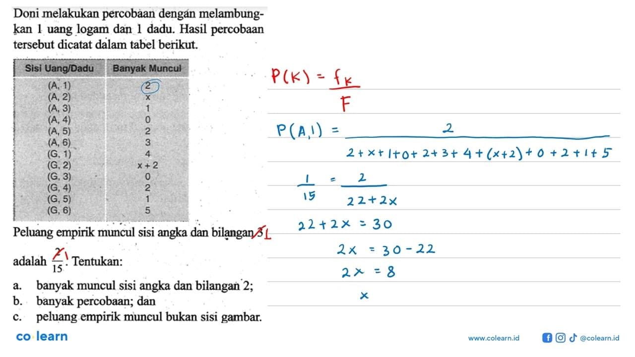 Doni melakukan percobaan dengán melambungkan 1. uang logam