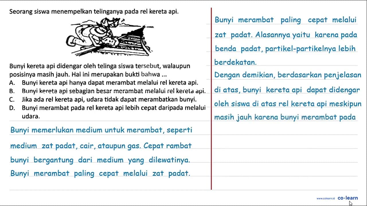 Seorang siswa menempelkan telinganya pada rel kereta api.