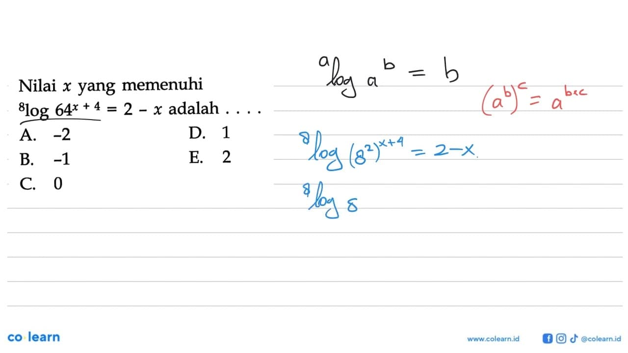 Nilai x yang memenuhi 8log64^(x+4)=2-x adalah....