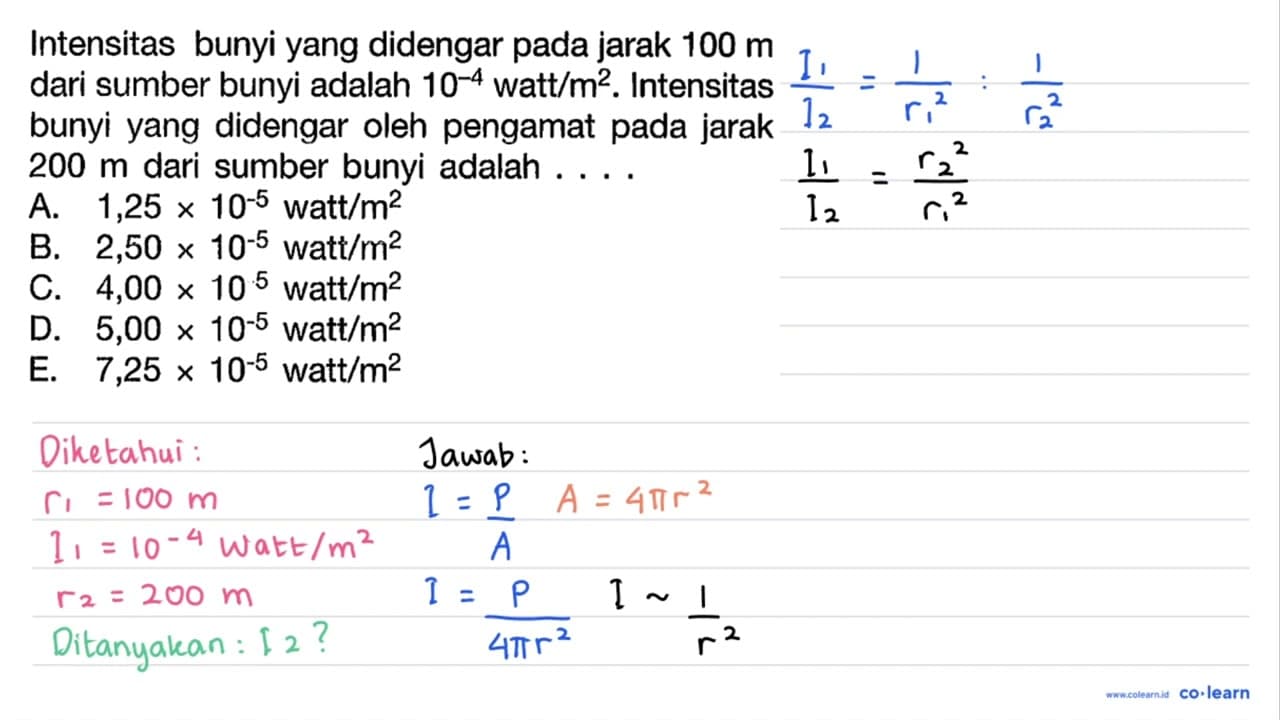 Intensitas bunyi yang didengar pada jarak 100 m dari sumber