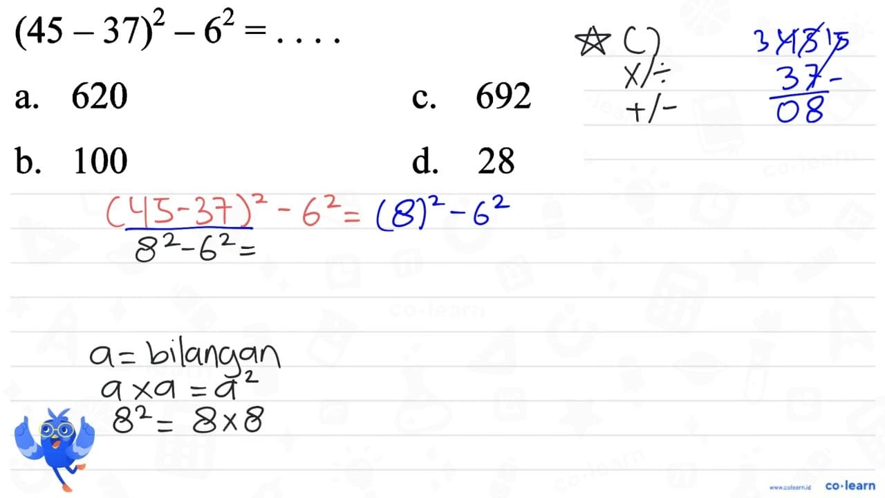 (45 - 37)^2 - 6^2 = ....