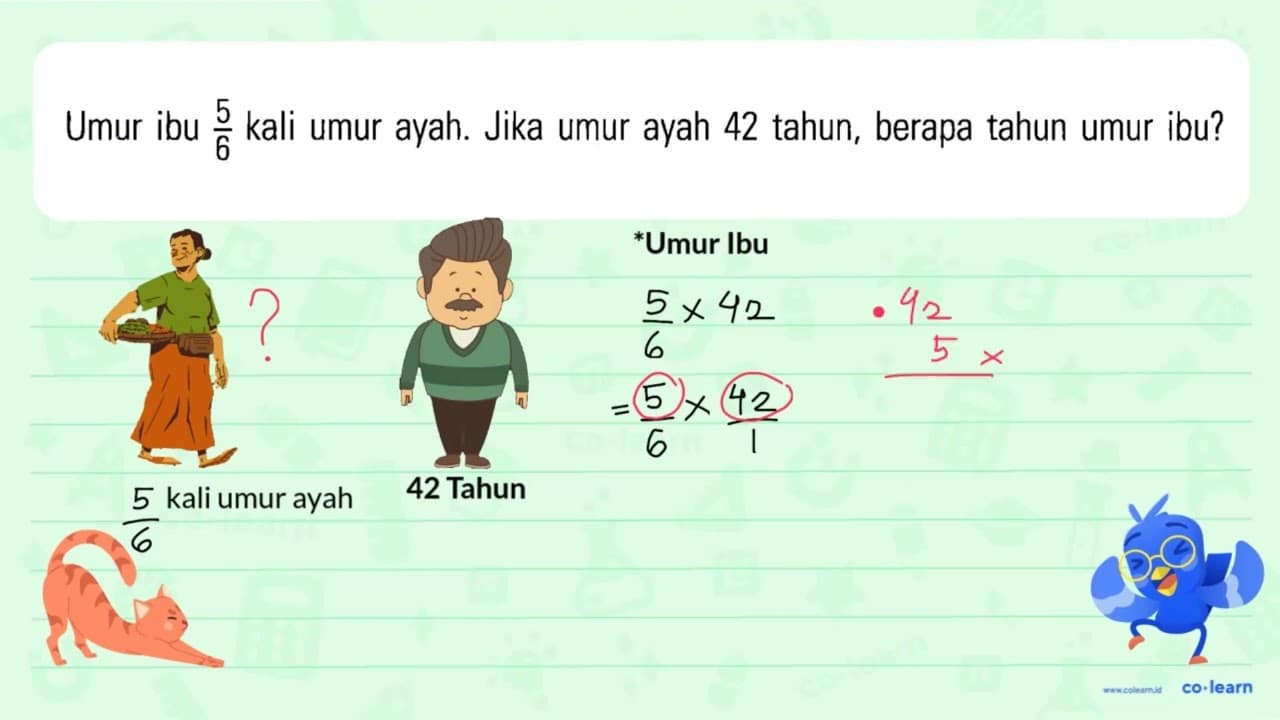 Umur ibu 5/6 kali umur ayah. Jika umur ayah 42 tahun,