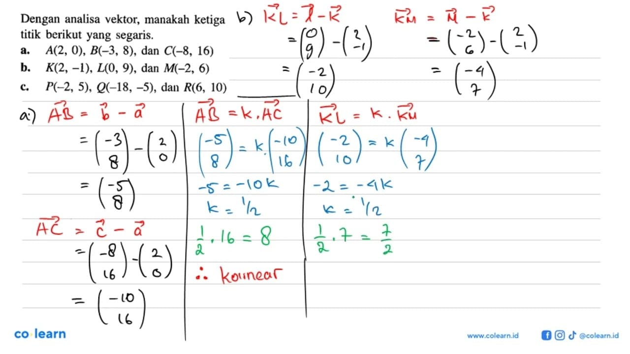 Dengan analisa vektor, manakah ketiga titik berikut yang