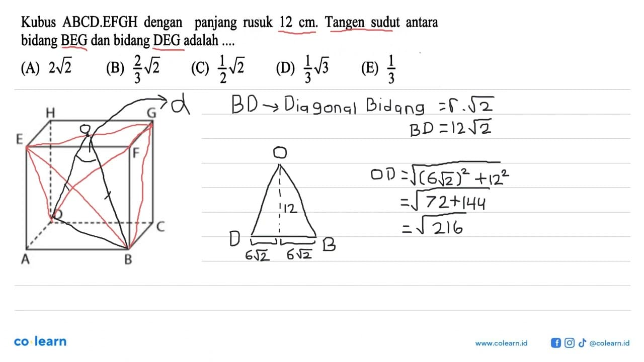 Kubus ABCD.EFGH dengan panjang rusuk 12 cm. Tangen sudut