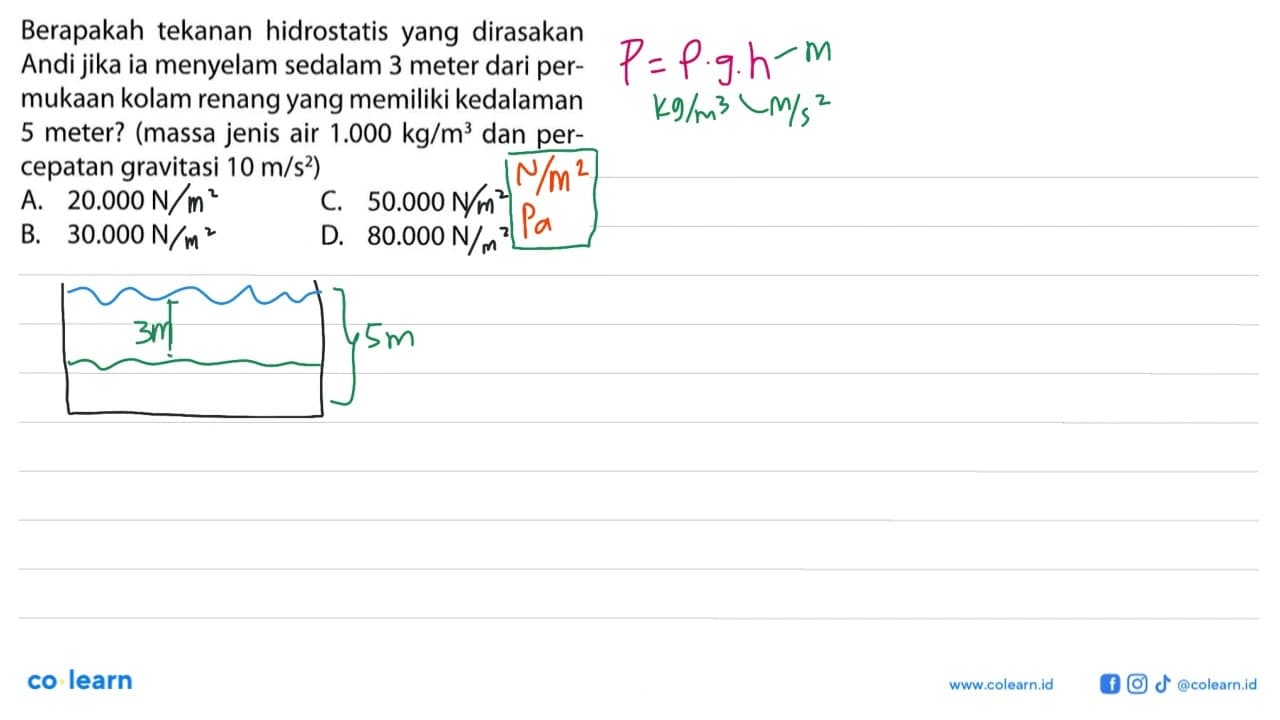 Berapakah tekanan hidrostatis yang dirasakan Andi jika ia