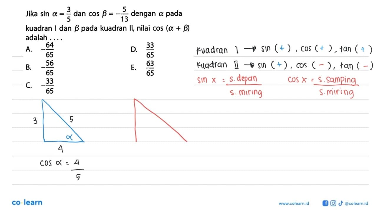 Jika sin alpha=3/5 dan cos beta=-5/13 dengan alpha pada