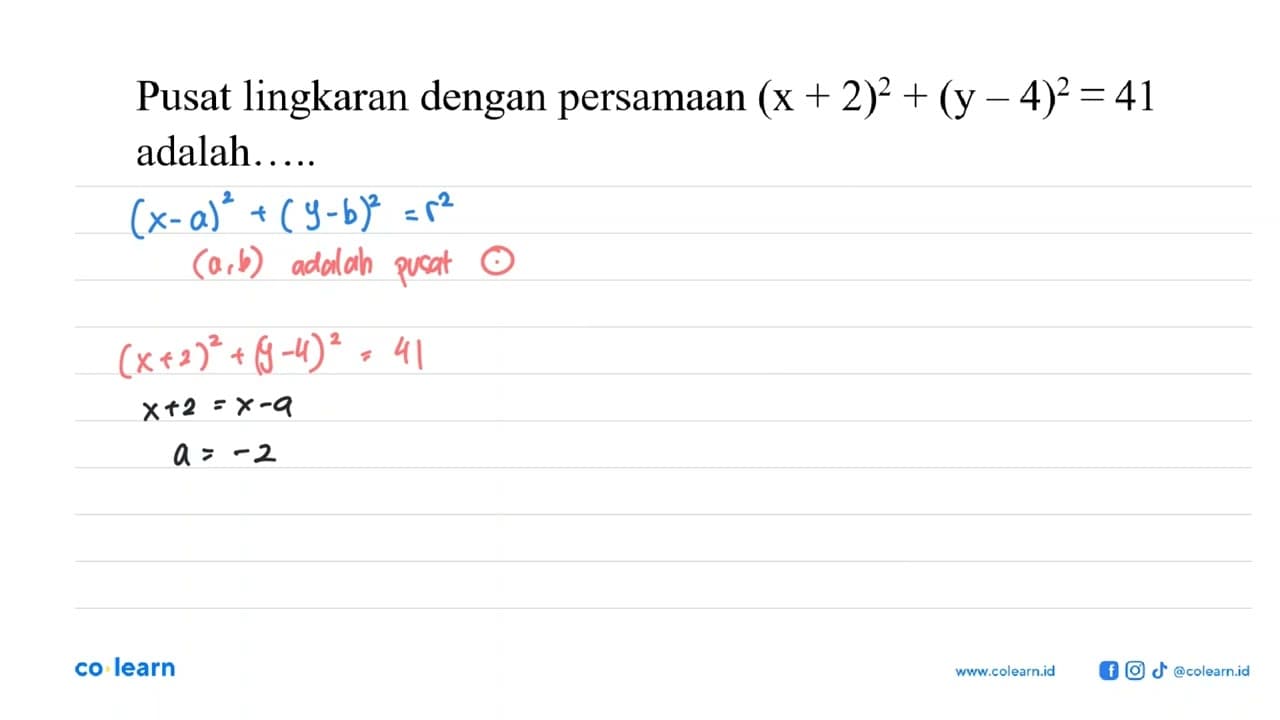 Pusat lingkaran dengan persamaan (x+2)^2+(y-4)^2-41