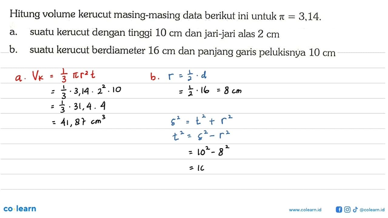 Hitung volume kerucut masing-masing data berikut ini untuk