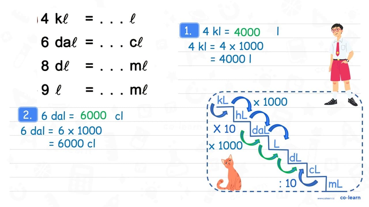 4 kl=...l 6 dal=... cl 8 dl=... ml 9 l=... ml