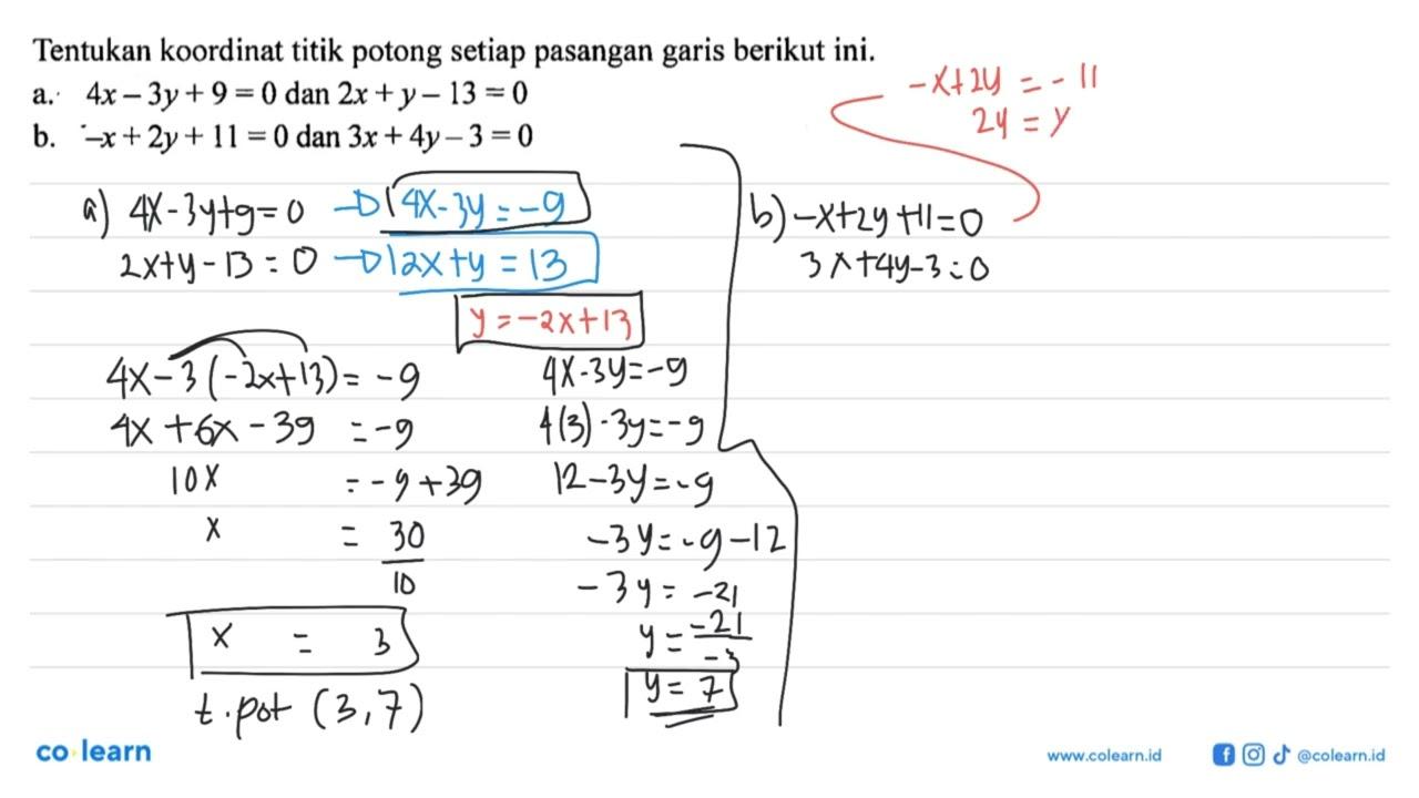 Tentukan koordinat titik potong setiap pasangan berikut