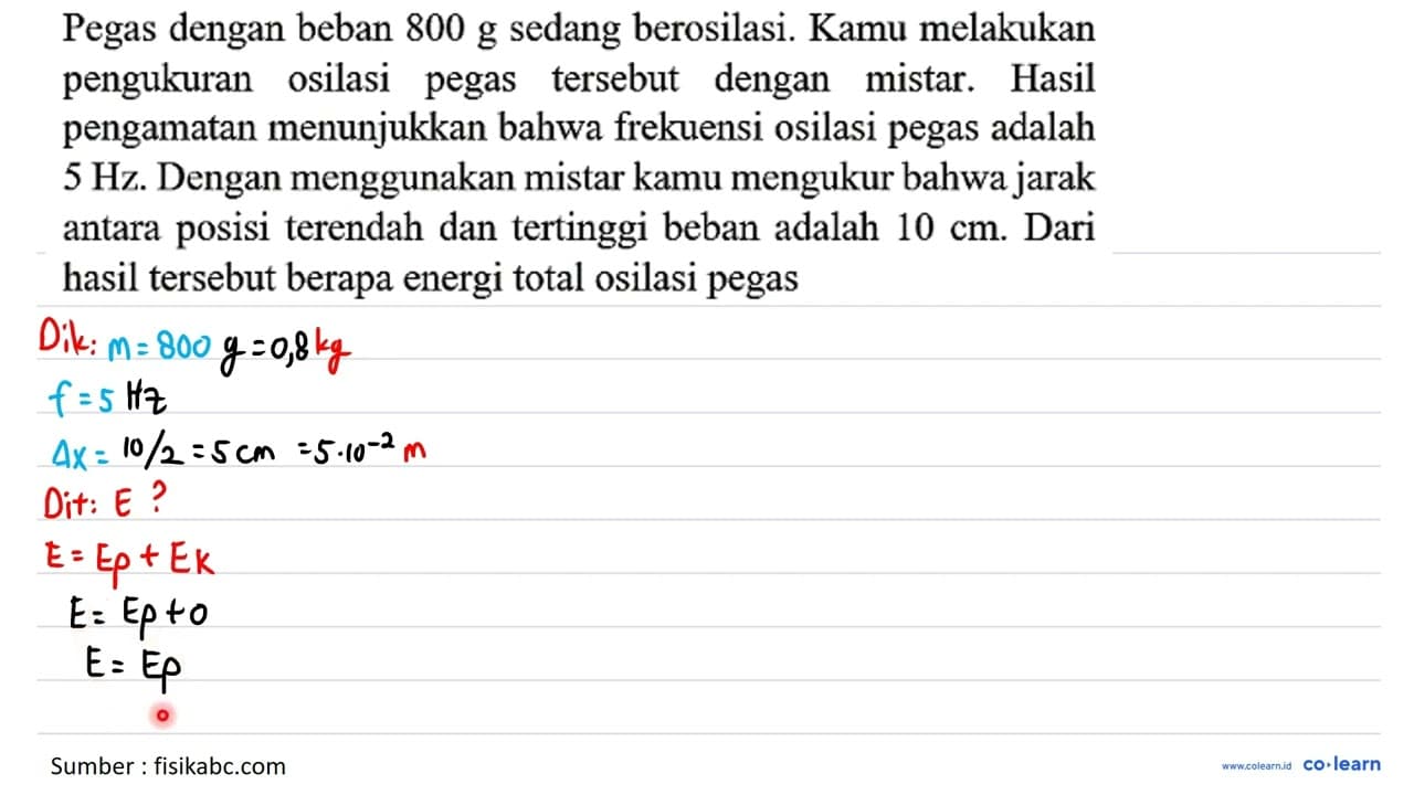 Pegas dengan beban 800 g sedang berosilasi. Kamu melakukan