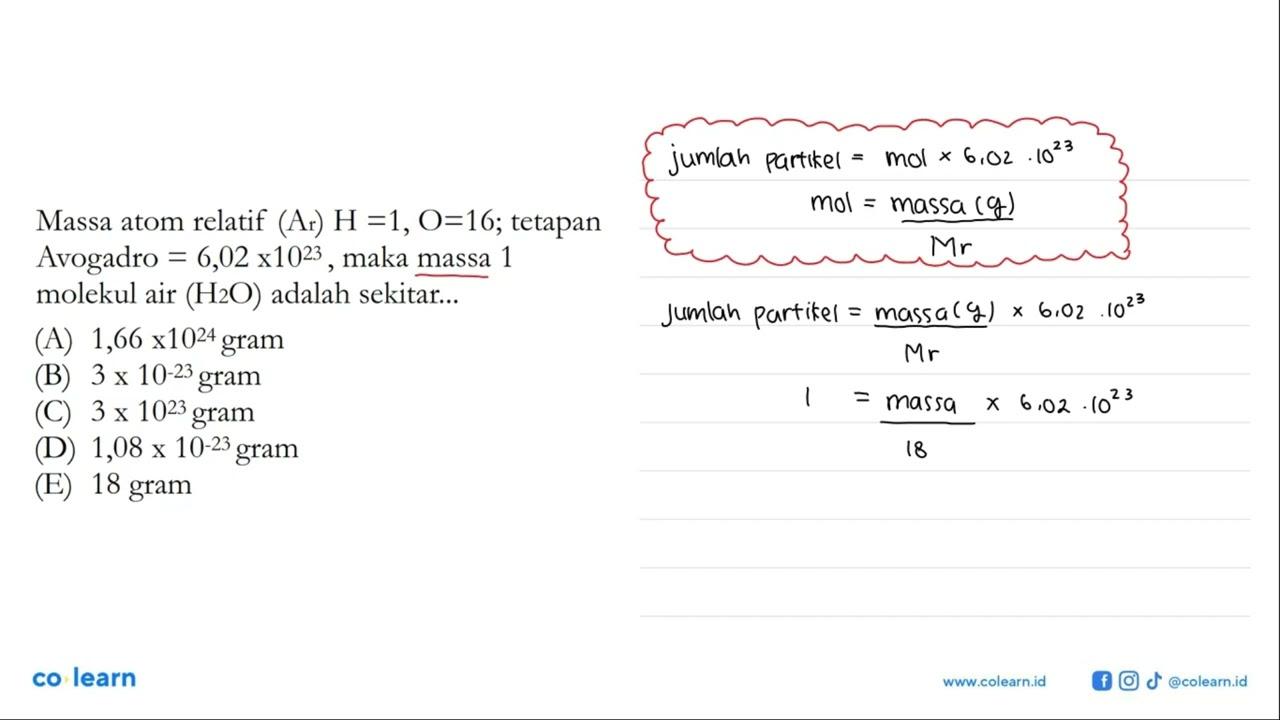 Massa atom relatif (Ar) H=1, O=16 ; tetapan Avogadro =6,02x