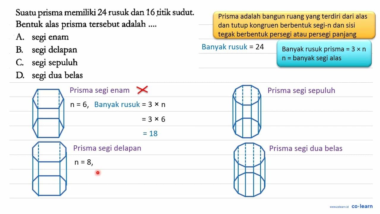 Suatu prisma memiliki 24 rusuk dan 16 titik sudut. Bentuk