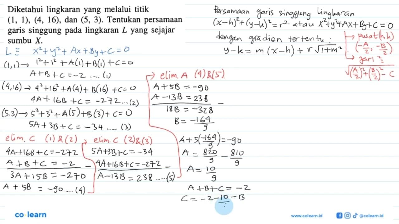 Diketahui lingkaran yang melalui titik (1,1), (4,16), dan