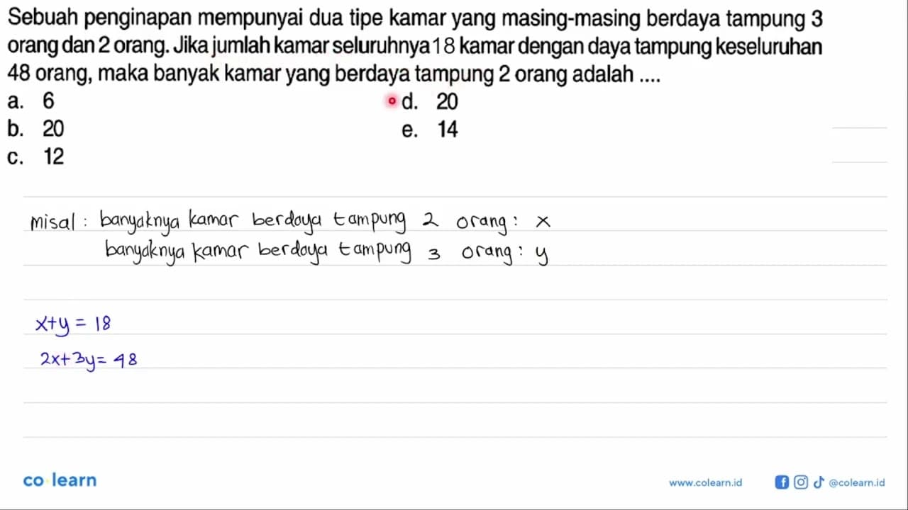 Sebuah penginapan mempunyai dua tipe kamar yang