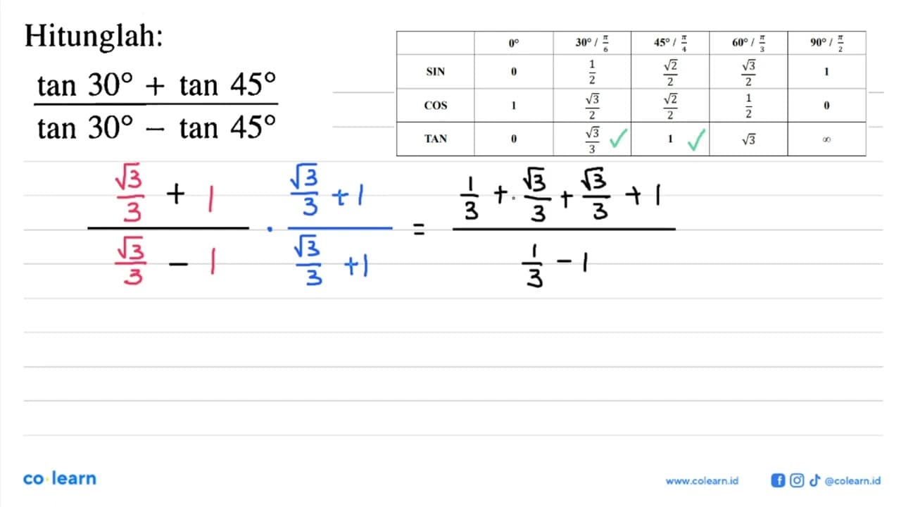 Hitunglah: (tan 30+tan 45)/(tan 30-tan 45)