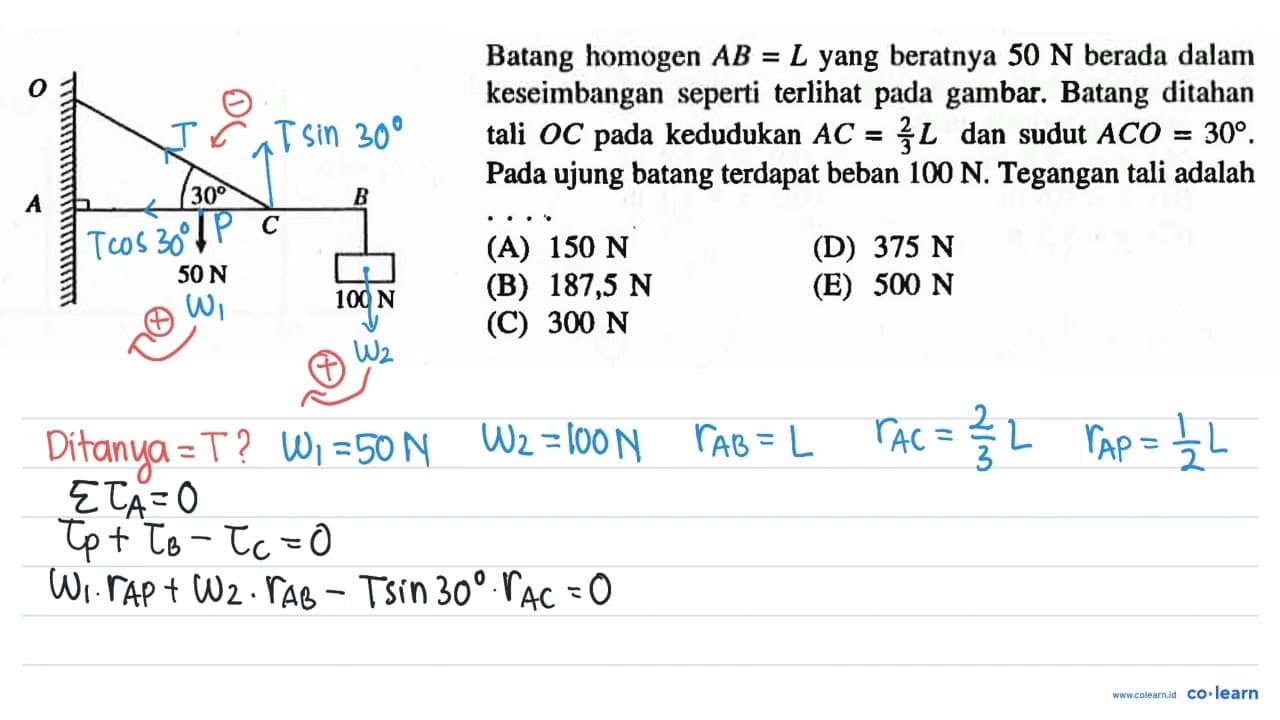 O A 30 C B 50N 100N Batang homogen AB=L yang beratnya 50 N