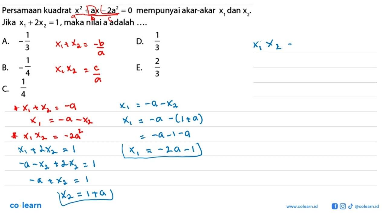 Persamaan kuadrat x^2 + ax - 2a^2 = 0 mempunyai akar-akar