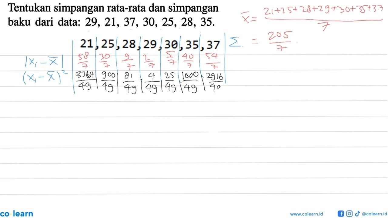 Tentukan simpangan rata-rata dan simpangan baku dari data: