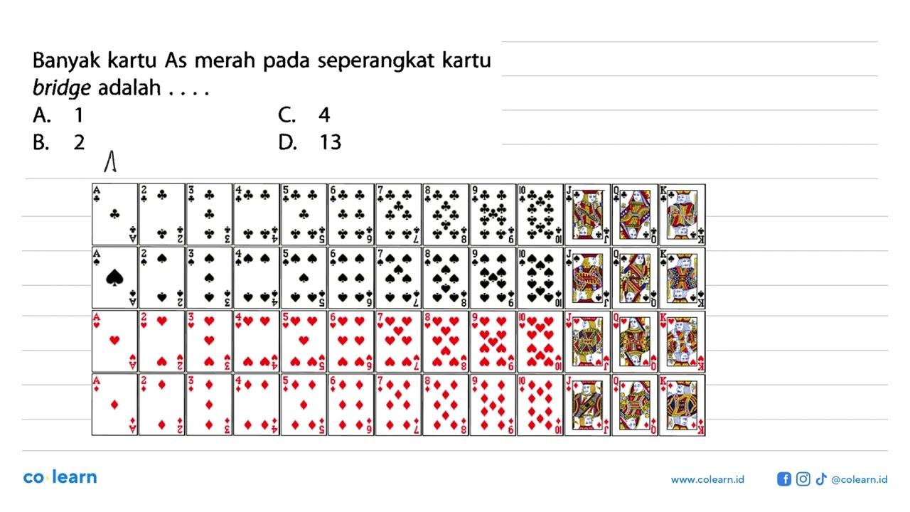 Banyak kartu As merah pada seperangkat kartu bridge adalah