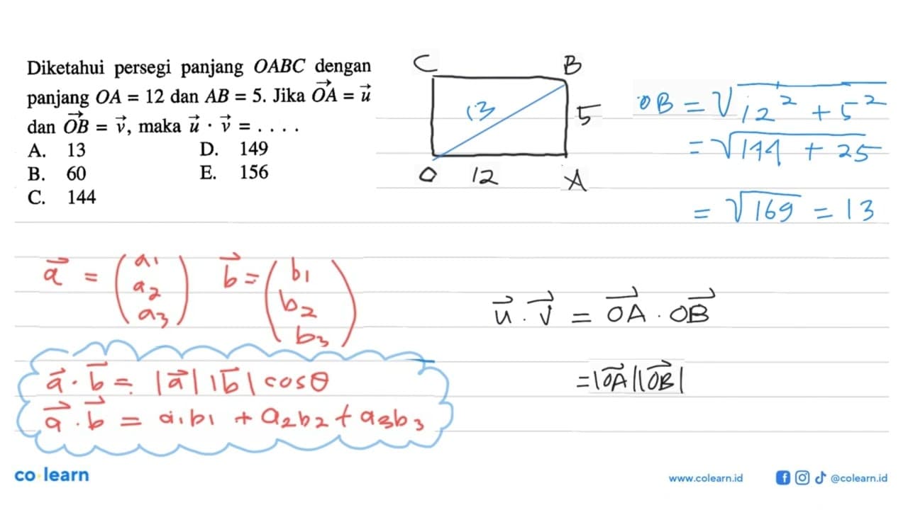 Diketahui persegi panjang OABC dengan panjang OA=12 dan