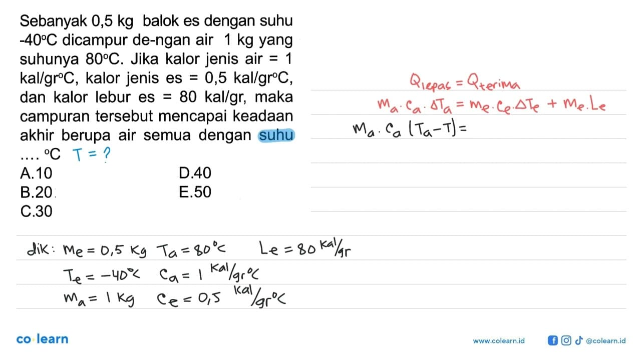 Sebanyak 0,5 kg balok es dengan suhu -40 C dicampur dengan