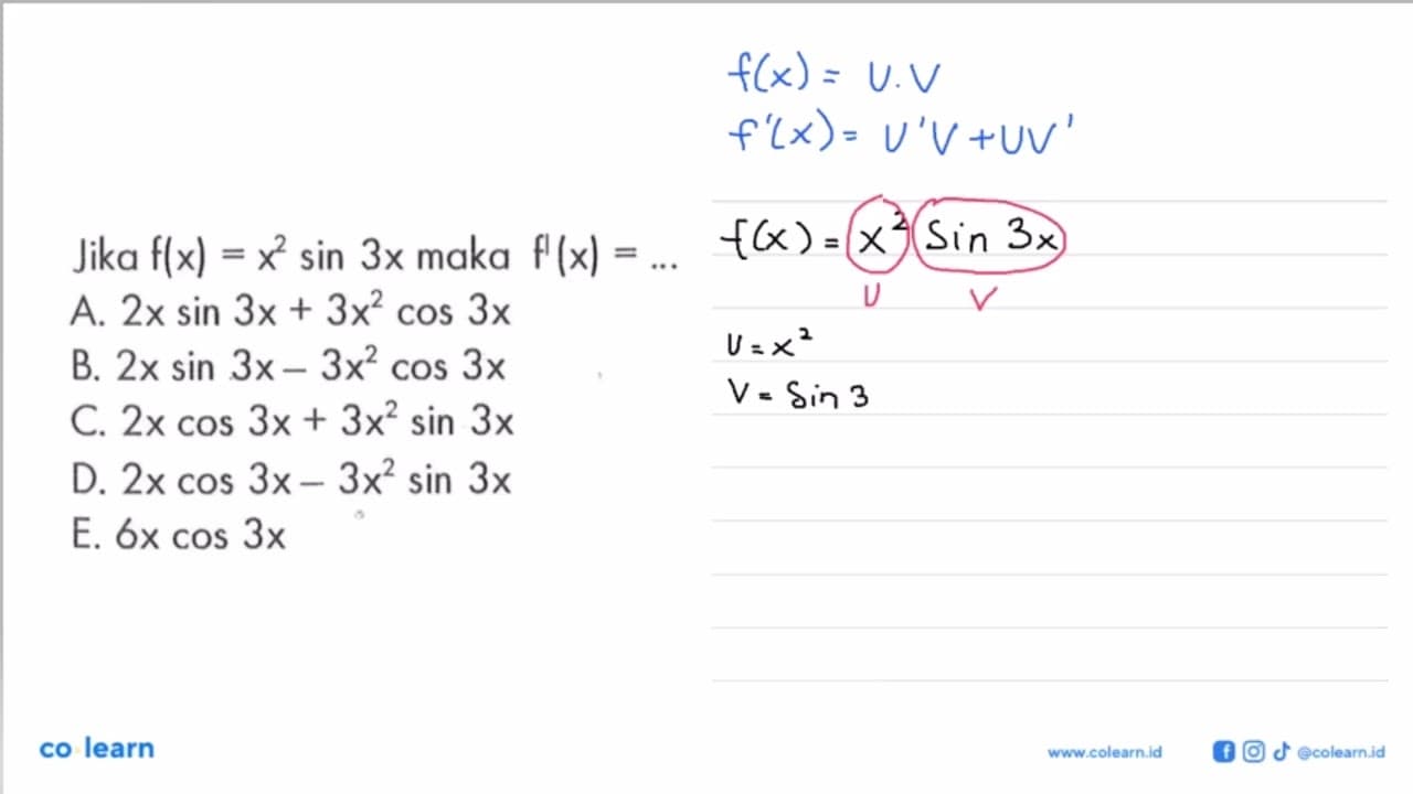 Jika f(x) = x^2 sin 3x maka f'(x)=...