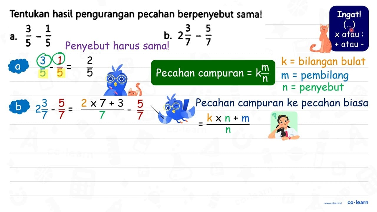 Tentukan hasil pengurangan pecahan berpenyebut sama! a.