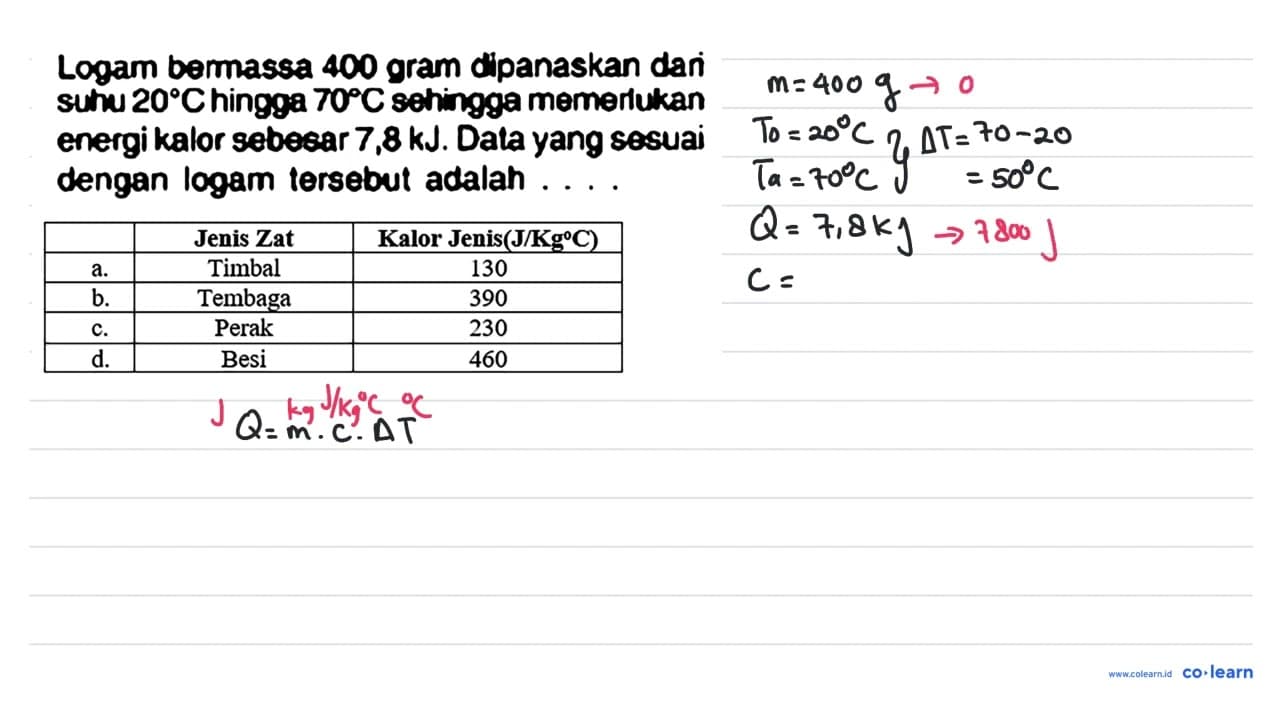 Logam bermassa 400 gram dipanaskan dan su'v 20 C hingga 70