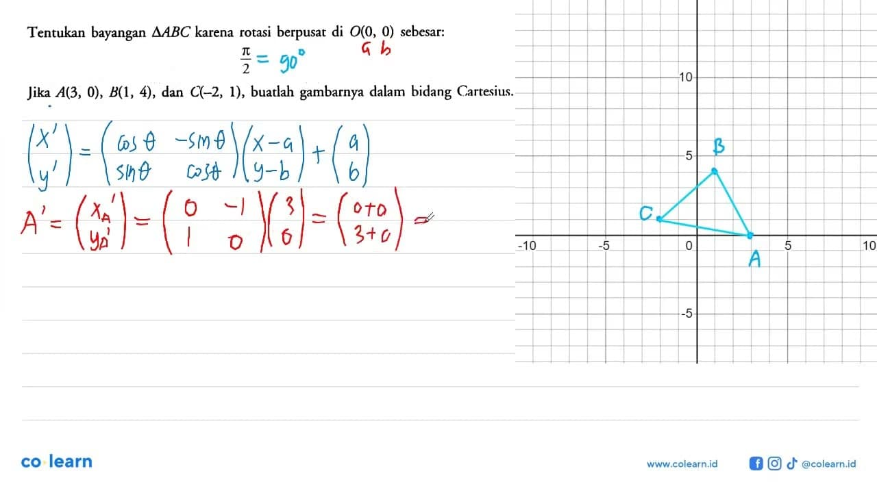Tentukan bayangan segitiga ABC karena rotasi berpusat di