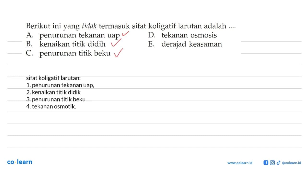 Berikut ini yang tidak termasuk sifat koligatif larutan