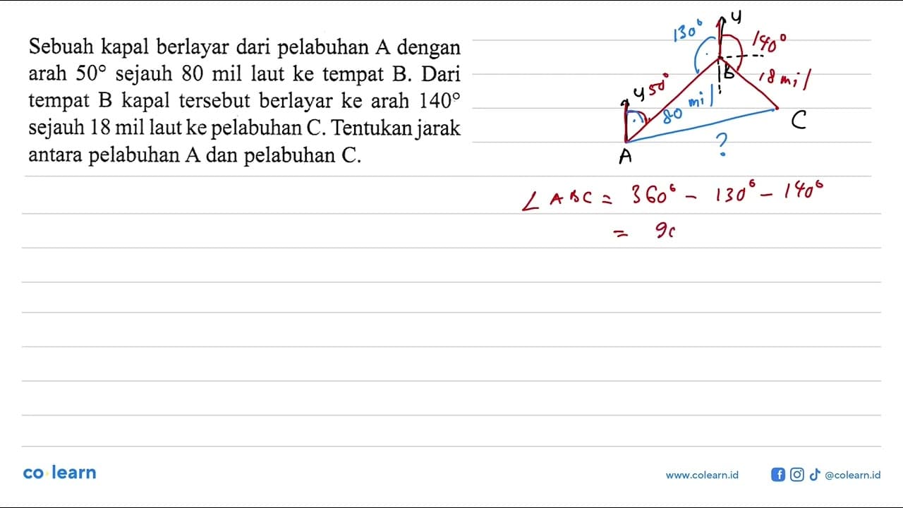 Sebuah kapal berlayar dari pelabuhan A dengan arah 50