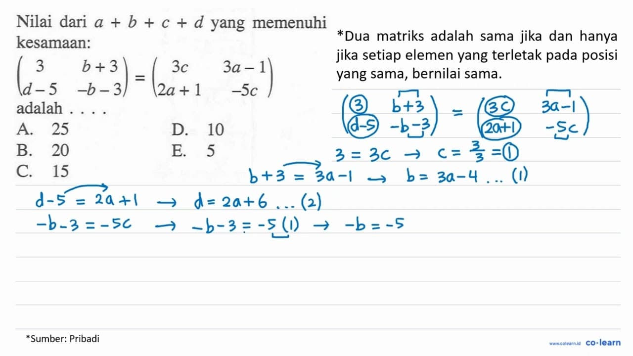 Nilai dari a+b+c+d yang memenuhi kesamaan: (3 b+3 d-5 -b-3)