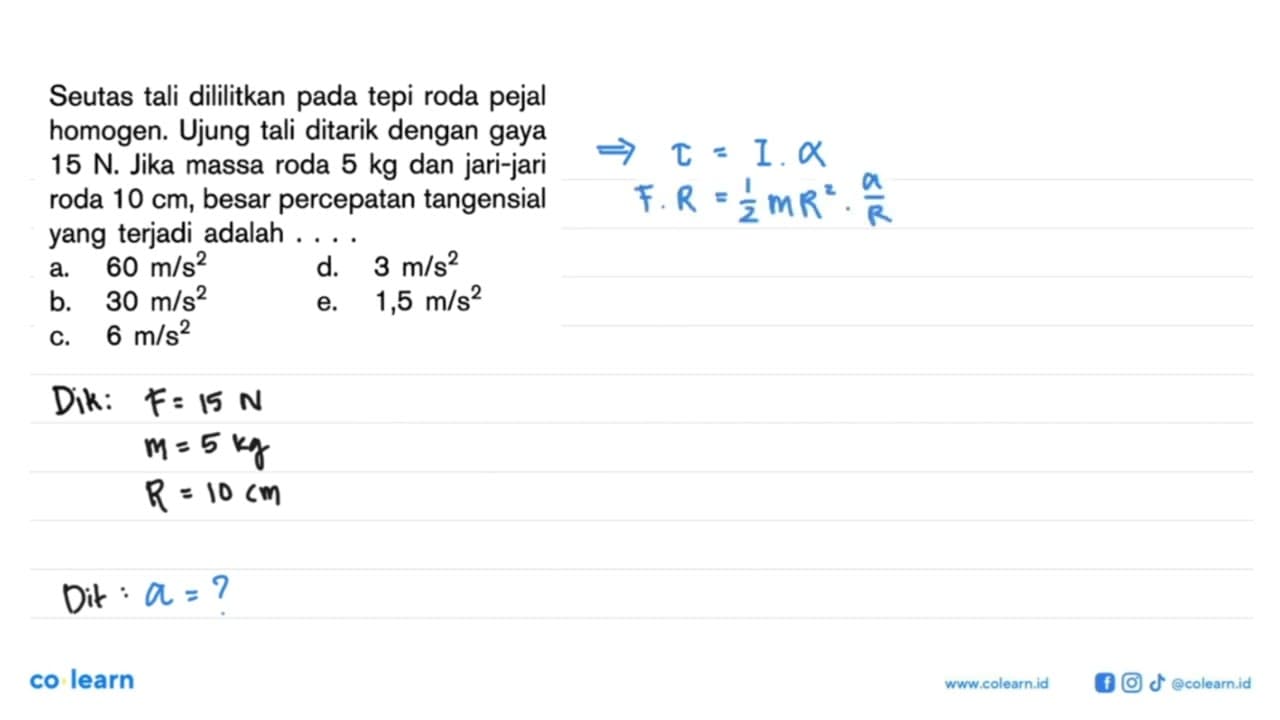 Seutas tali dililitkan pada tepi roda pejal homogen. Ujung