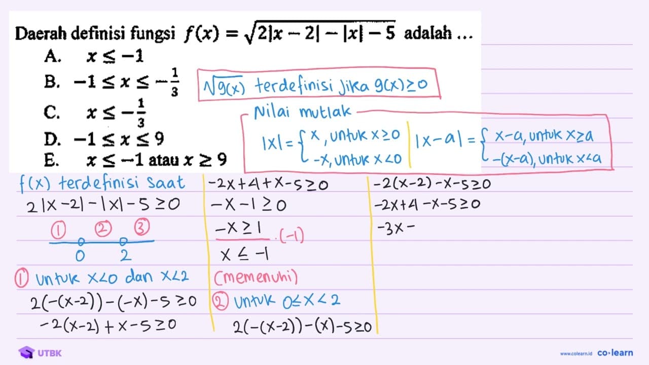 Daerah definisi fungsi f(x)=akar(2|x-2|-|x|-5) adalah ...