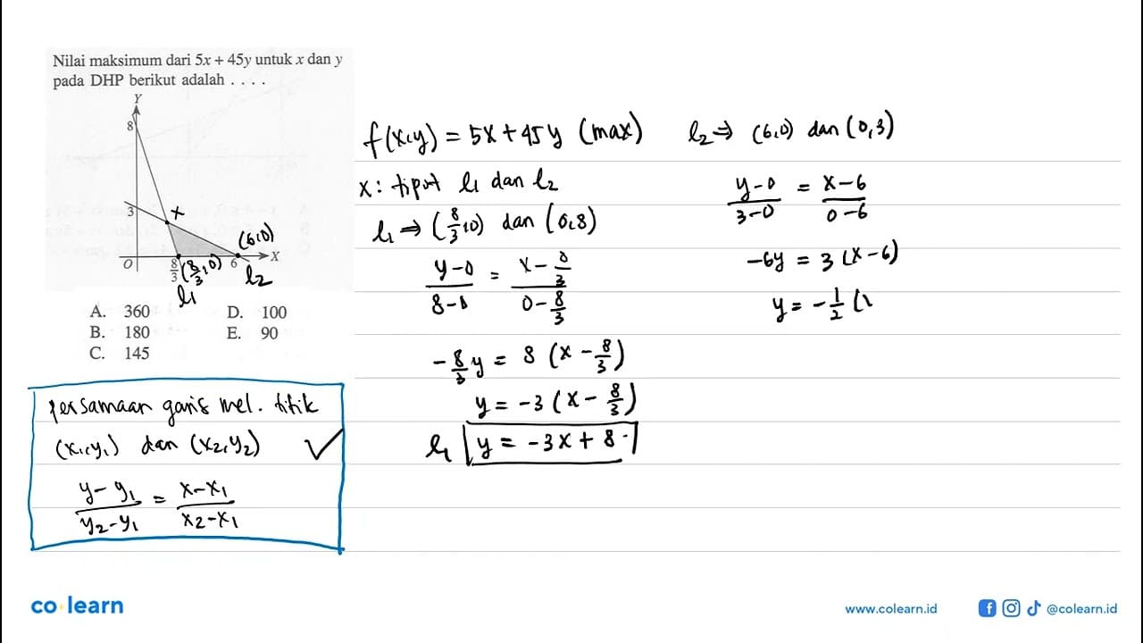 Nilai maksimum dari 5x+45y untuk x dan y pada DHP berikut