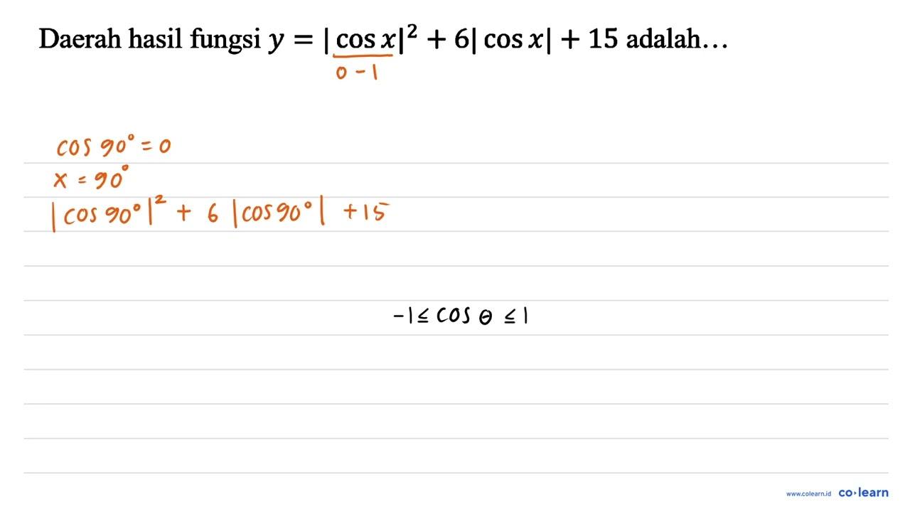 Daerah hasil fungsi y=|cos x|^(2)+6|cos x|+15 adalah...