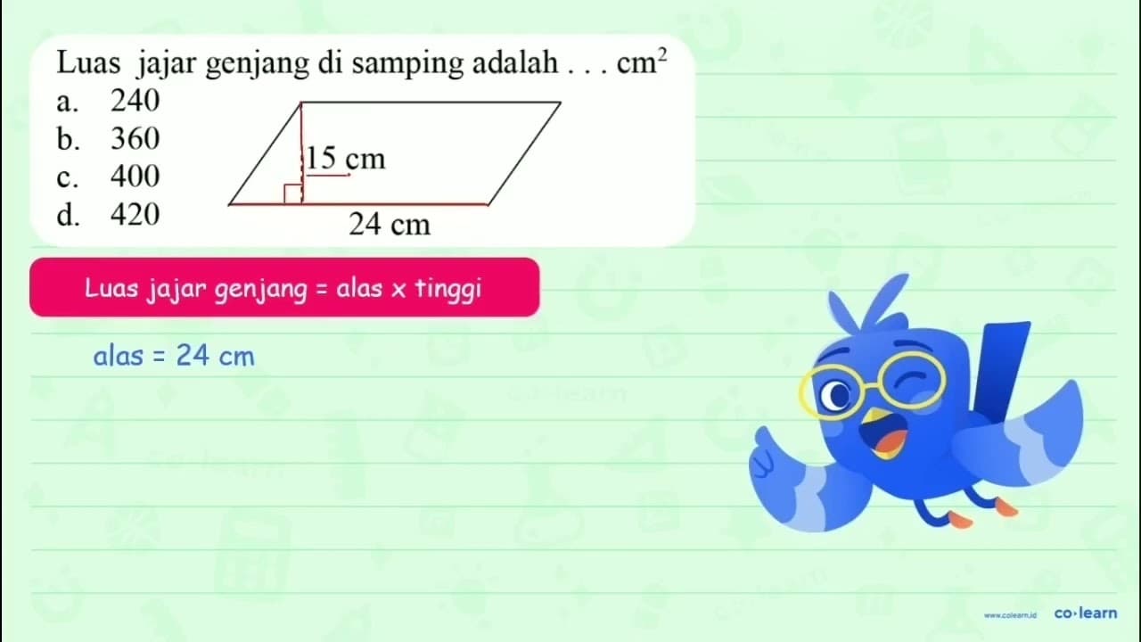 Luas jajar genjang di samping adalah ... cm^(2) a. 240 b.