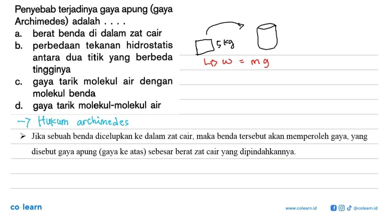 Penyebab terjadinya gaya apung (gaya Archimedes) adalah