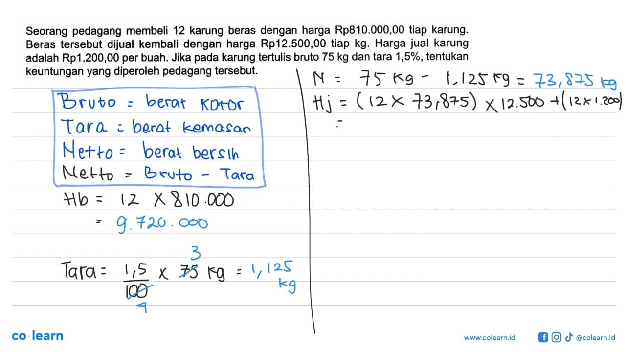 Seorang pedagang membeli 12 karung beras dengan harga