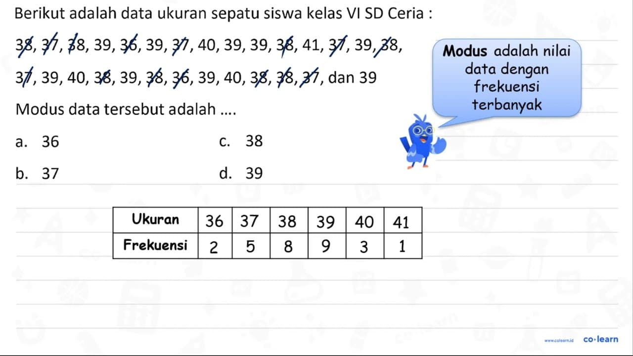 Berikut adalah data ukuran sepatu siswa kelas VI SD Ceria :