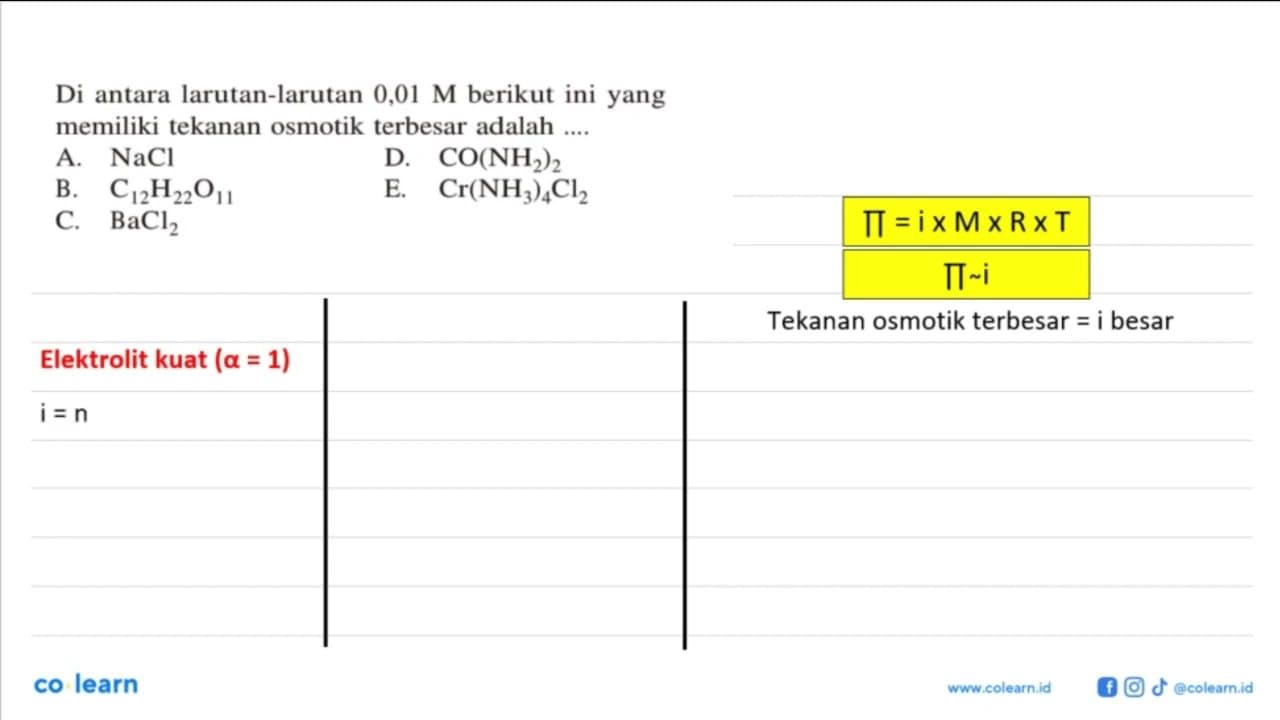 Di antara larutan-larutan 0,01 M berikut ini yang memiliki