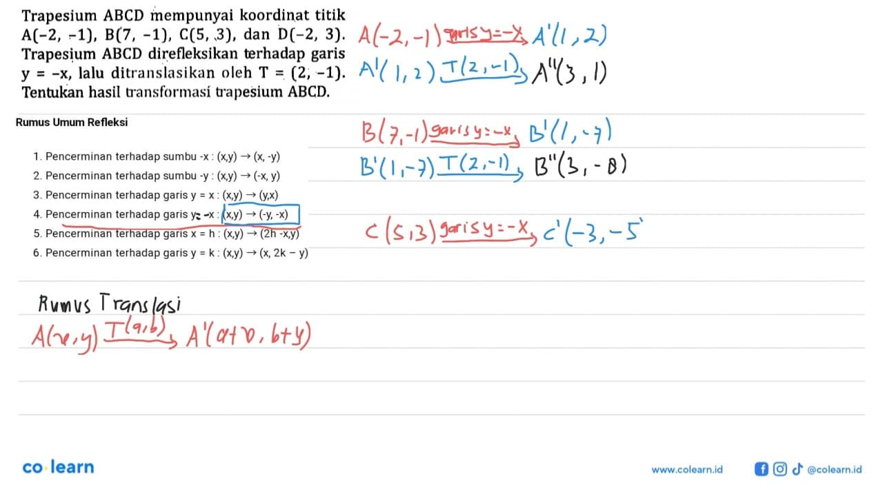 Trapesium ABCD mempunyai koordinat titik A(-2,-1), B(7,-1),