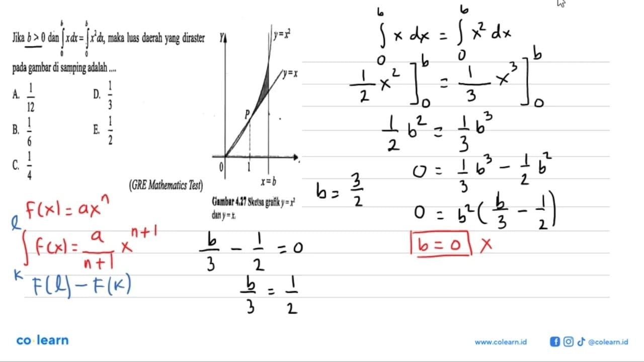 Jika b>0 dan integral 0 b x dx = integral 0 b x^2 dx, maka