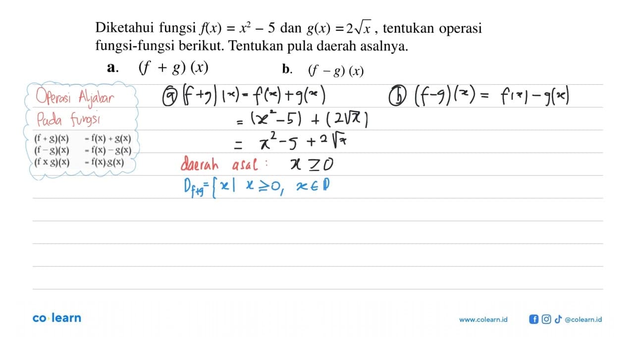 Diketahui fungsi f(x)=x^2-5 dan g(x)=2akar(x), tentukan