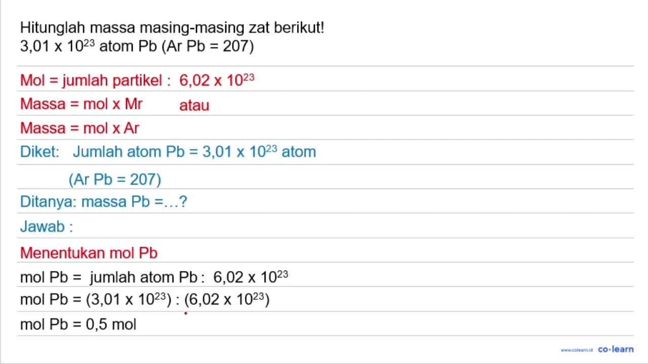 Hitunglah massa masing-masing zat berikut 3,01 x 10^(23) {
