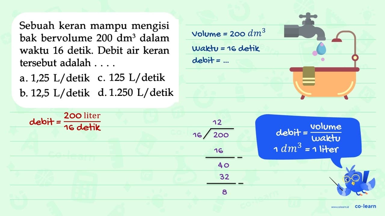 Sebuah keran mampu mengisi bak bervolume 200 dm^3 dalam