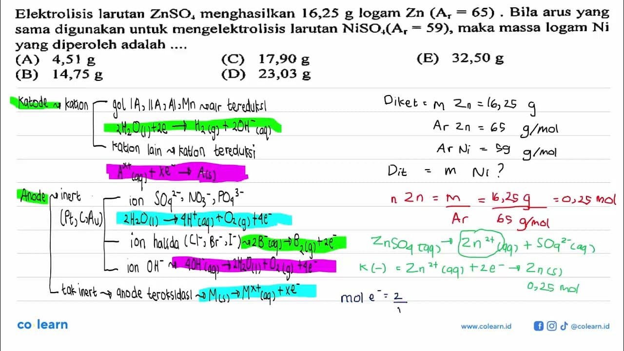 Elektrolisis larutan ZnSO4 menghasilkan 16,25 g logam Zn
