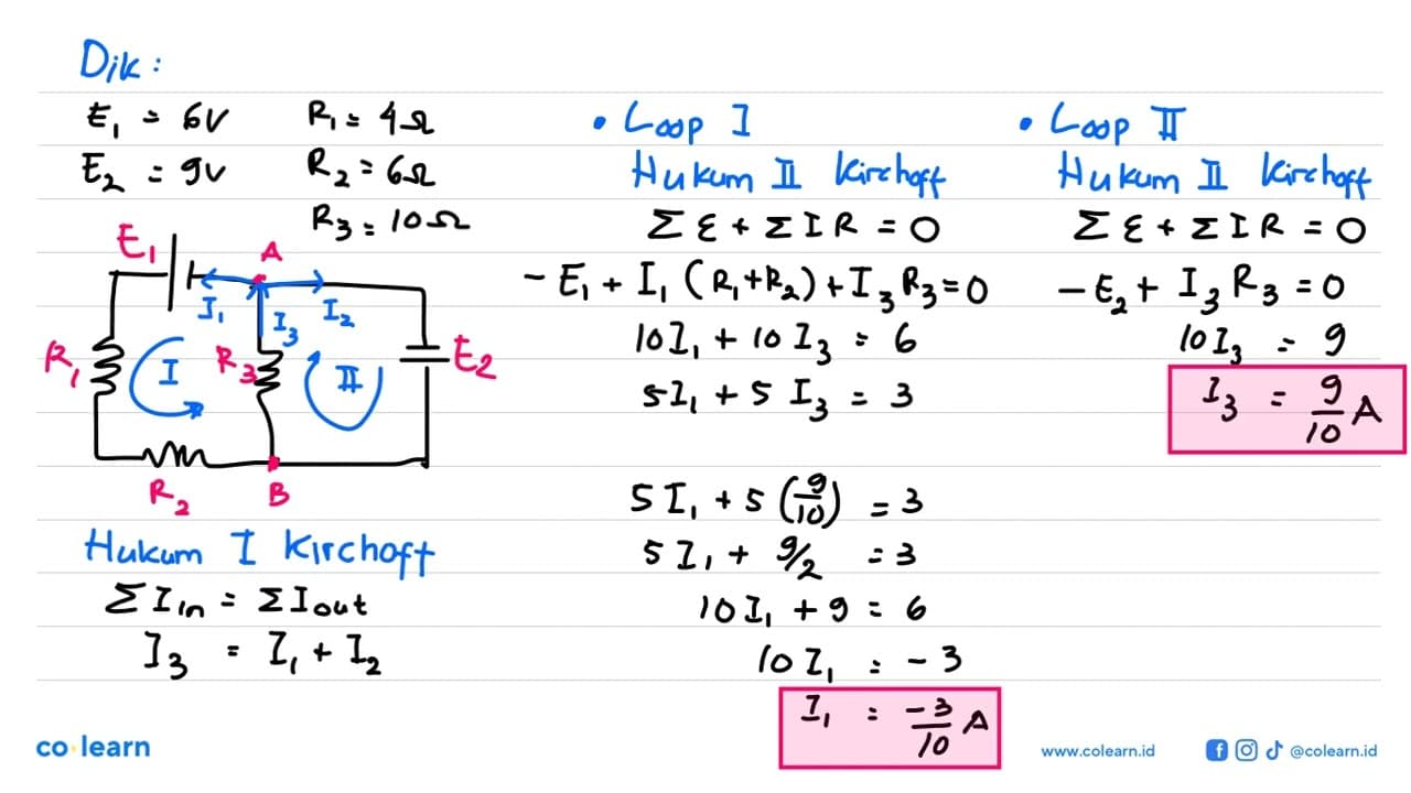 E1=6V E2=9V R1=4 Ohm R2=6 Ohm R3=10 Ohm a. Tentukan I1, I2